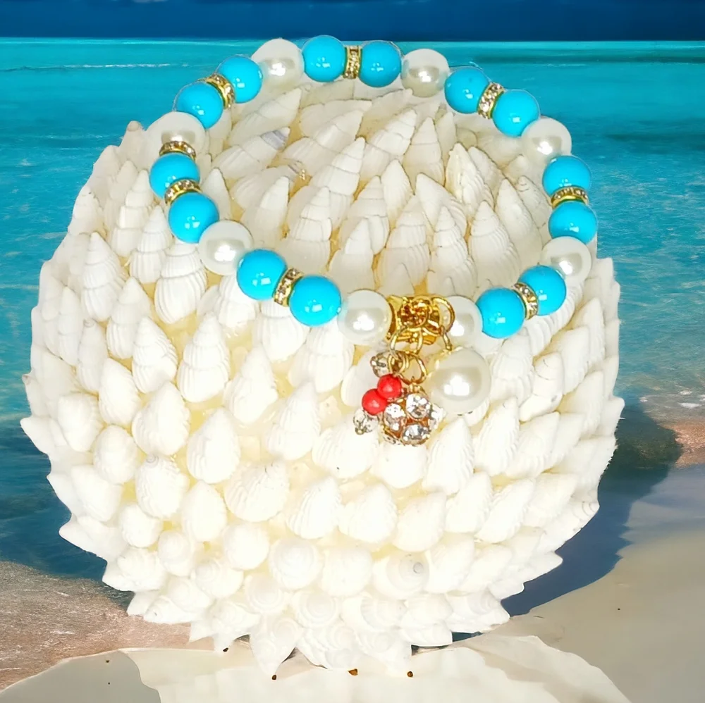 Pearl Turquoise & Coral Y2K Charm Bracelet Mermaidcore Oceancore Beachy Seaside